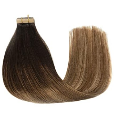 Human Hair Extensions Tape in Ombre Chocolate Brown to Caramel Blonde Natural Hair Extensions Tape in Real Hair Balayage Straigh