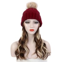 STfantasy Women  Winter Knit Beanie Cap Wig Brown Long Synthetic Wave Hair Hat Wig For Women