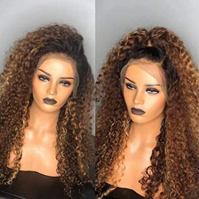 Ombre Blonde Curly Lace Front Human Hair Wigs Pre Plucked 180% Density Malaysian Curl Full Lace Wigs  African American