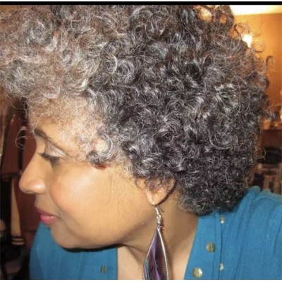 Real hair grey kinky curly 3/4 half human hair wigs two tone mixed Salt and Pepper silver grey machine made non lace wigs