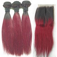 Wholesale Factory Cheap Virgin Straight 1B/99J Ombre Brazilian Human Hair Weave Bundles with Lace Closure