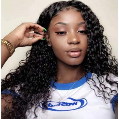 Deep curly 360 full lace wig with baby hair black women transparent 360 lace frontal wig water wave 130%density