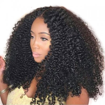 Mongolian kinky curly u part 150% density Human Hair small glueless  Afro Kinky Curly Half Wig