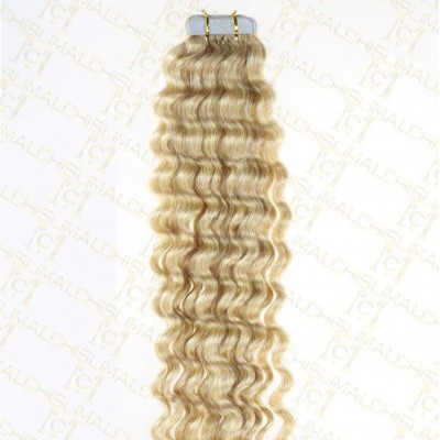 Curly Virgin Brazilian human Hair double drawn #613 color white blonde hair Tape Hair Extension